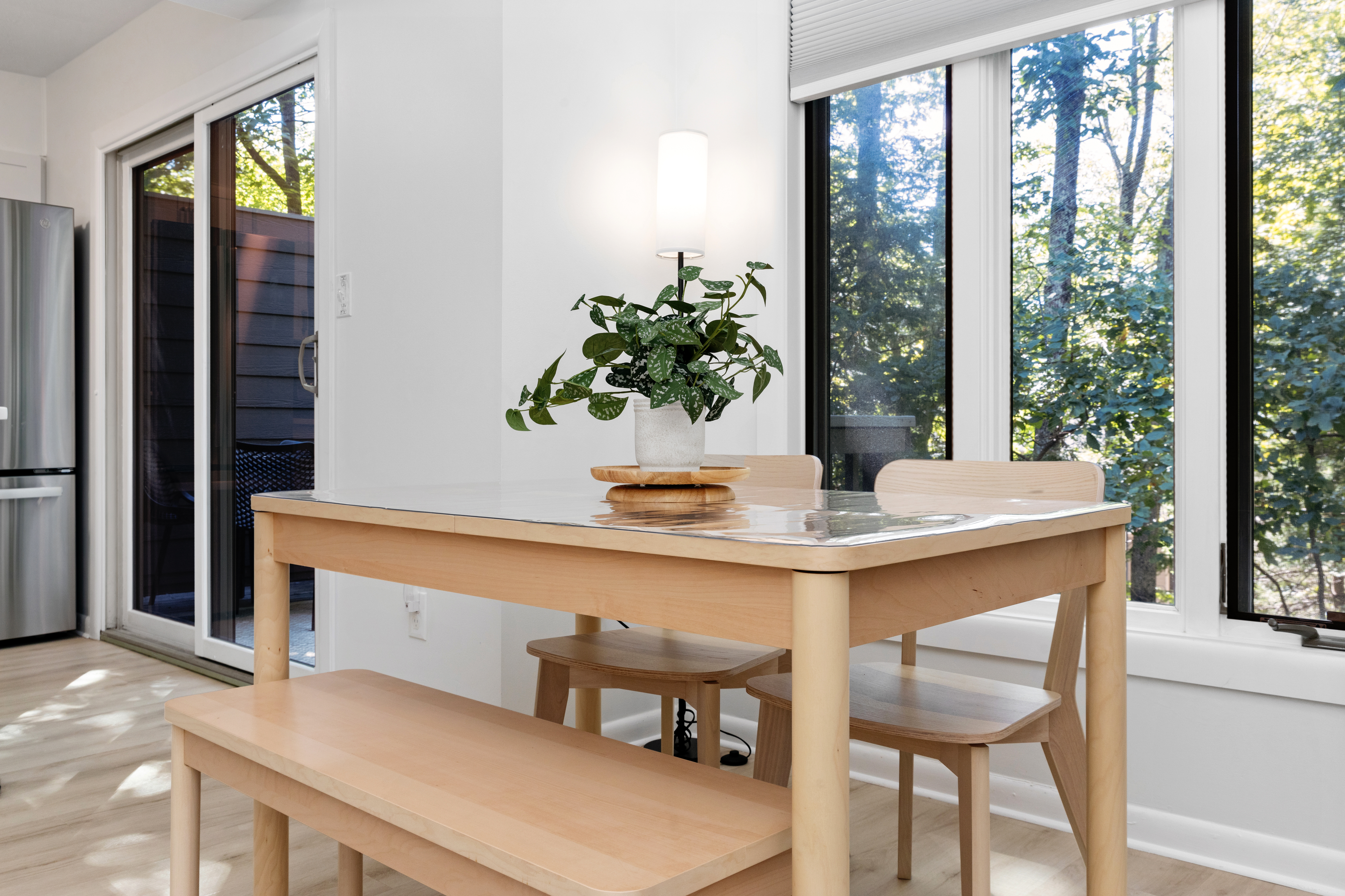 Dining table by the windows at The Retreat at Three Ridges, Wintergreen VA