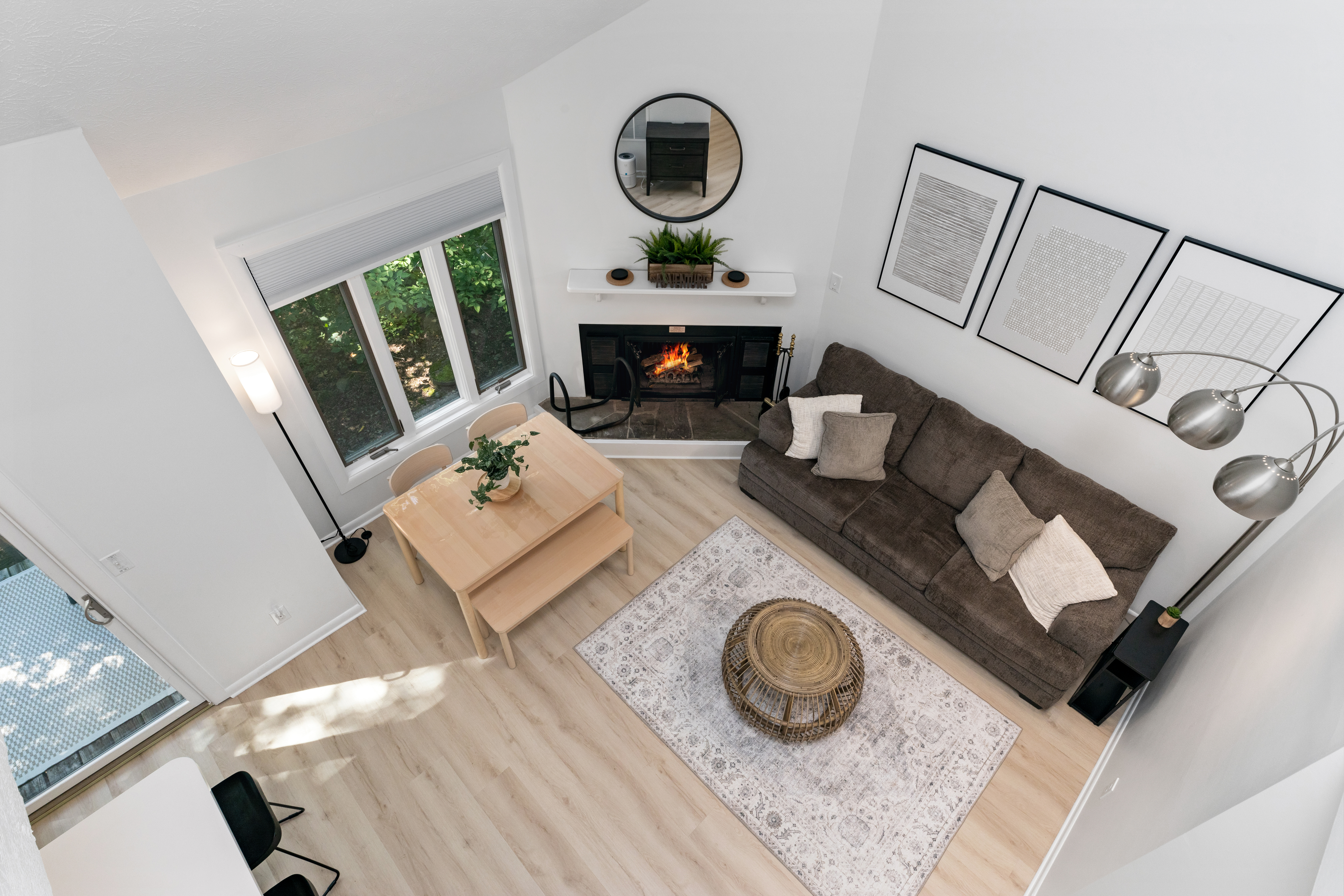 Overhead view of living room layout at The Retreat at Three Ridges, Wintergreen VA