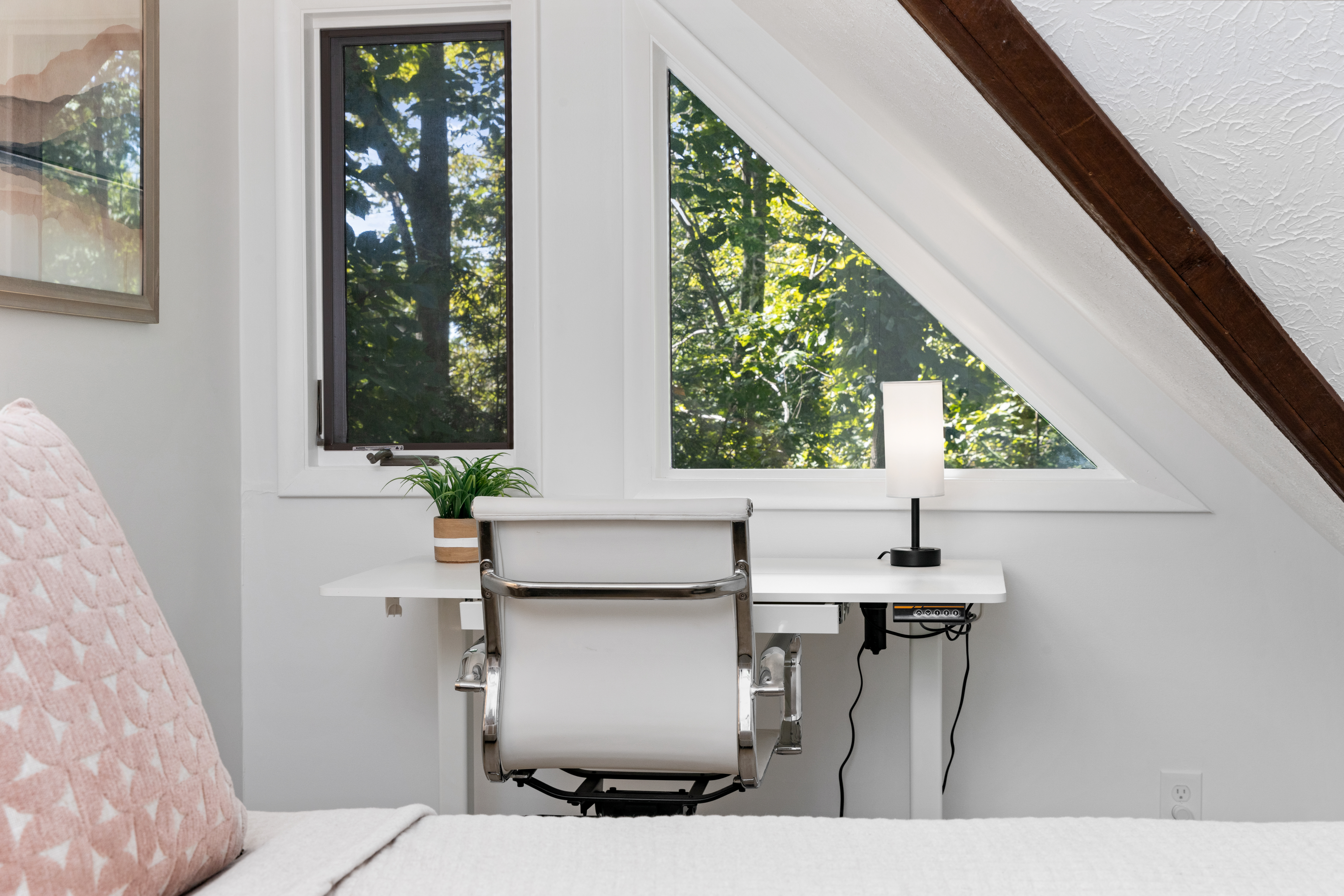 Primary bedroom workspace by window at The Retreat at Three Ridges, Wintergreen VA